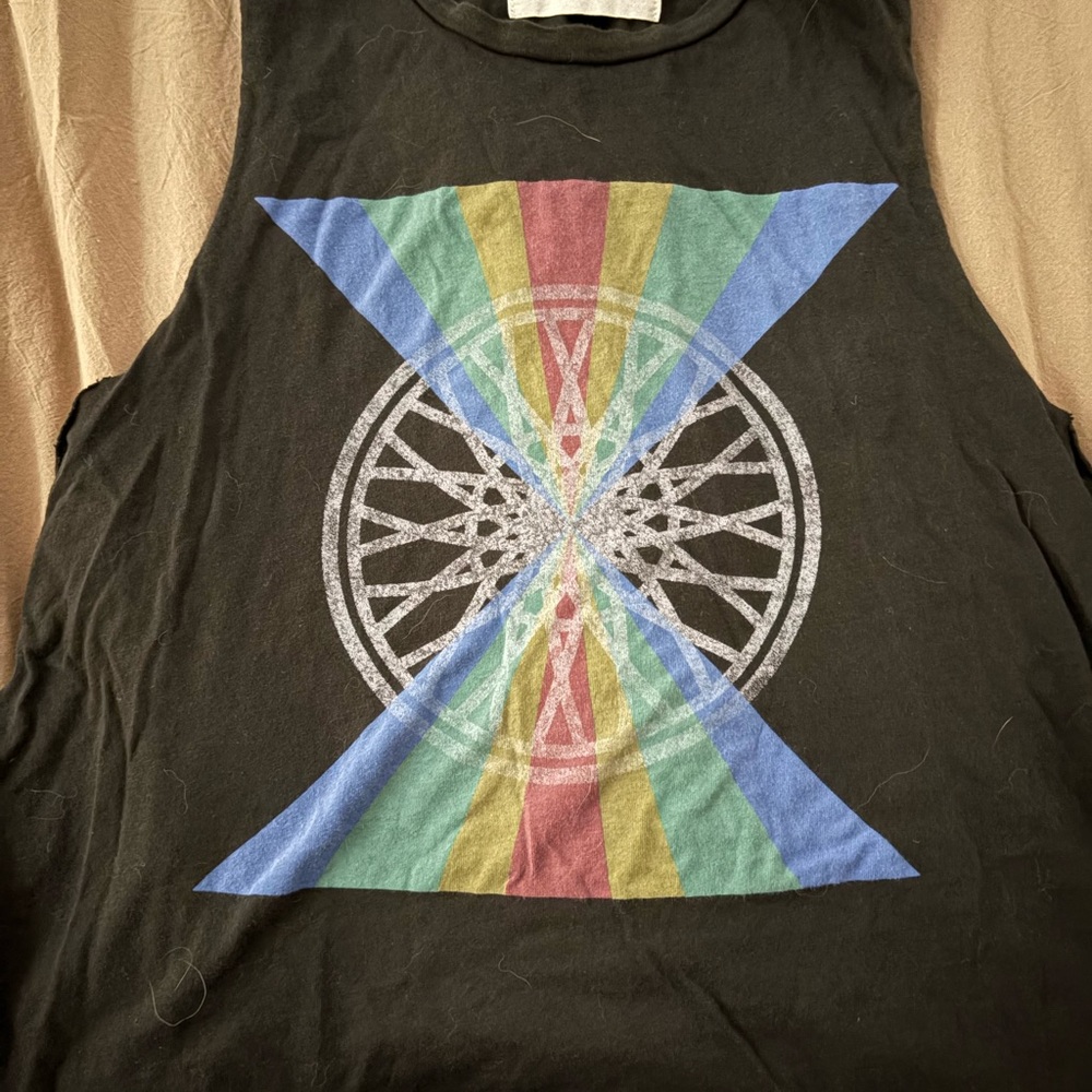 Graphic Sleeveless SoulCycle Black Top with rainbow prism design